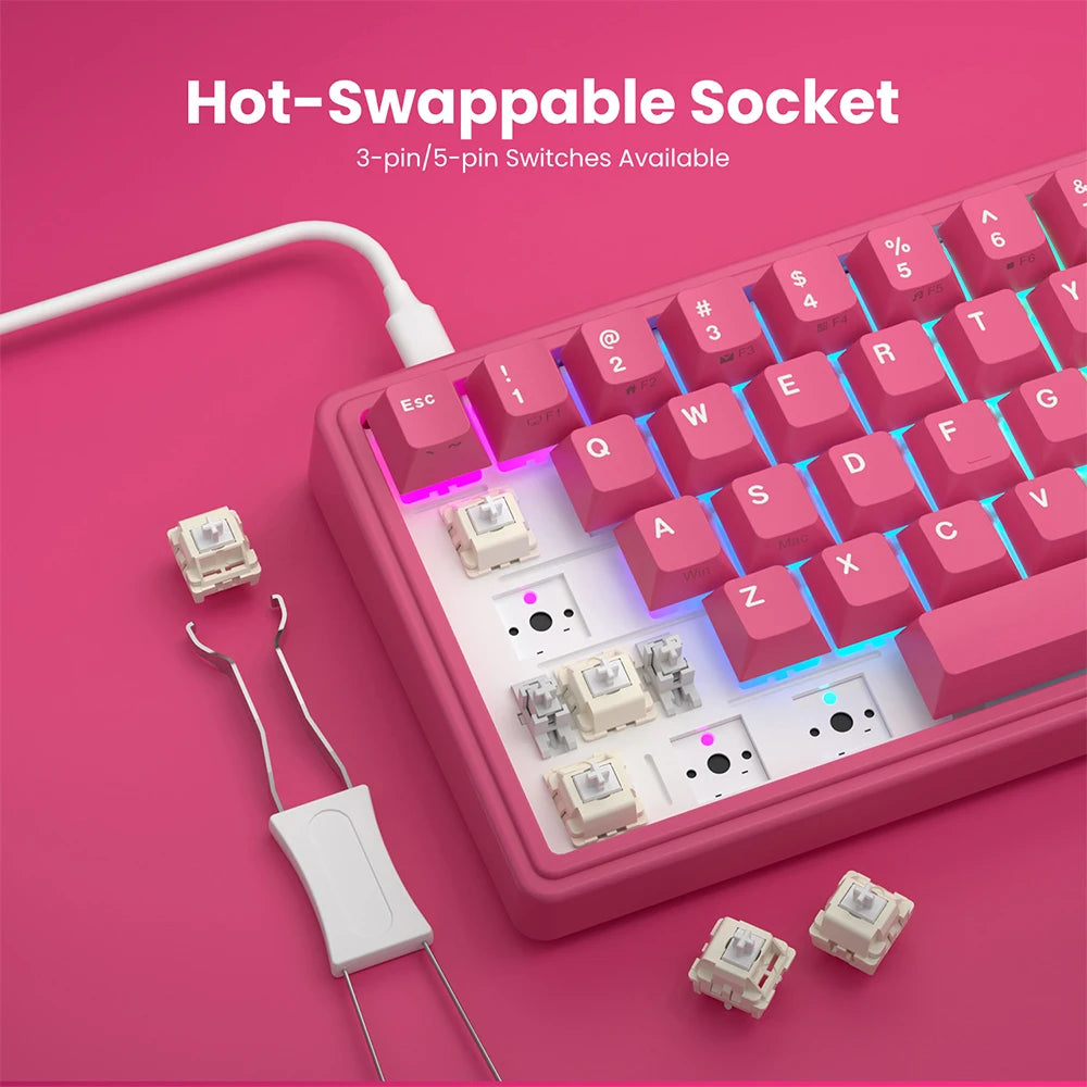 Gasket Mechanical Keyboard 65% 66-Key, RGB Backlit, Hot-Swappable, Wired, Volume Knob