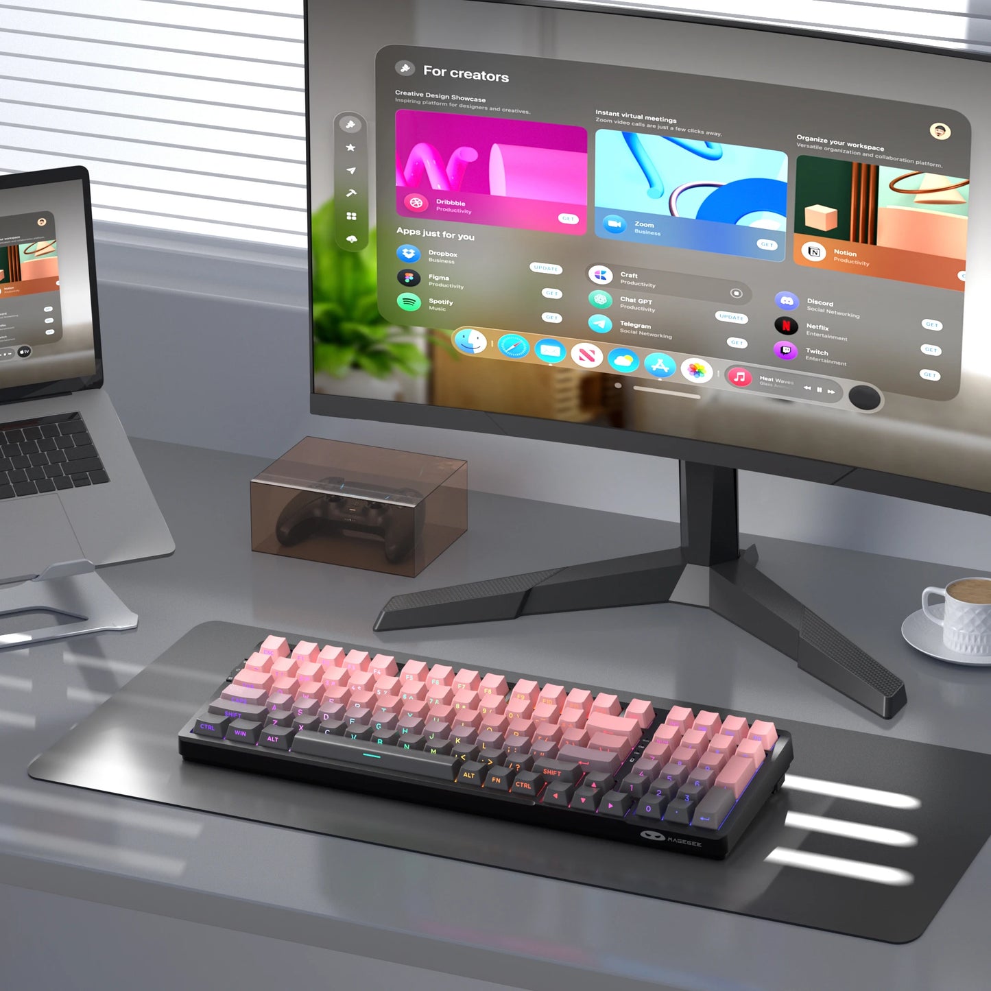 Mechanical RGB gaming keyboard with pink and gray keys on a sleek desktop setup.
