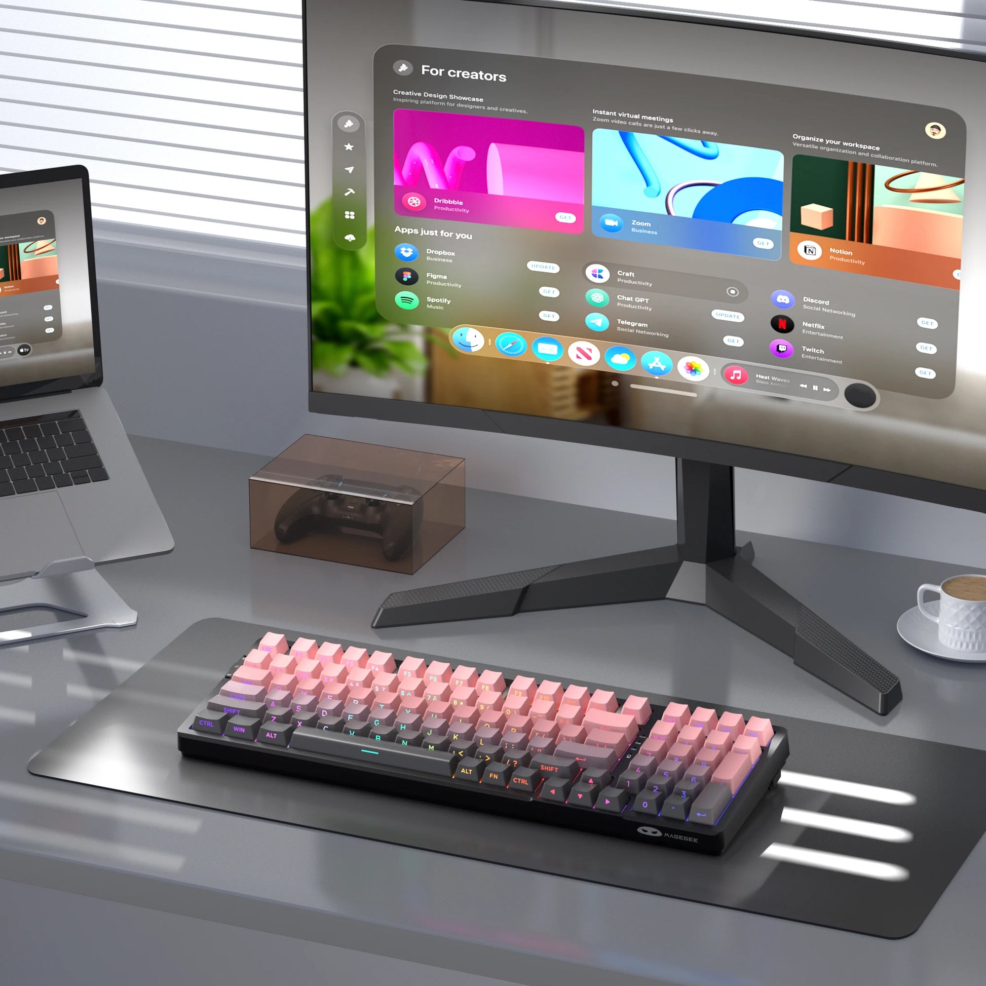 Mechanical RGB gaming keyboard with pink and gray keys on a sleek desktop setup.