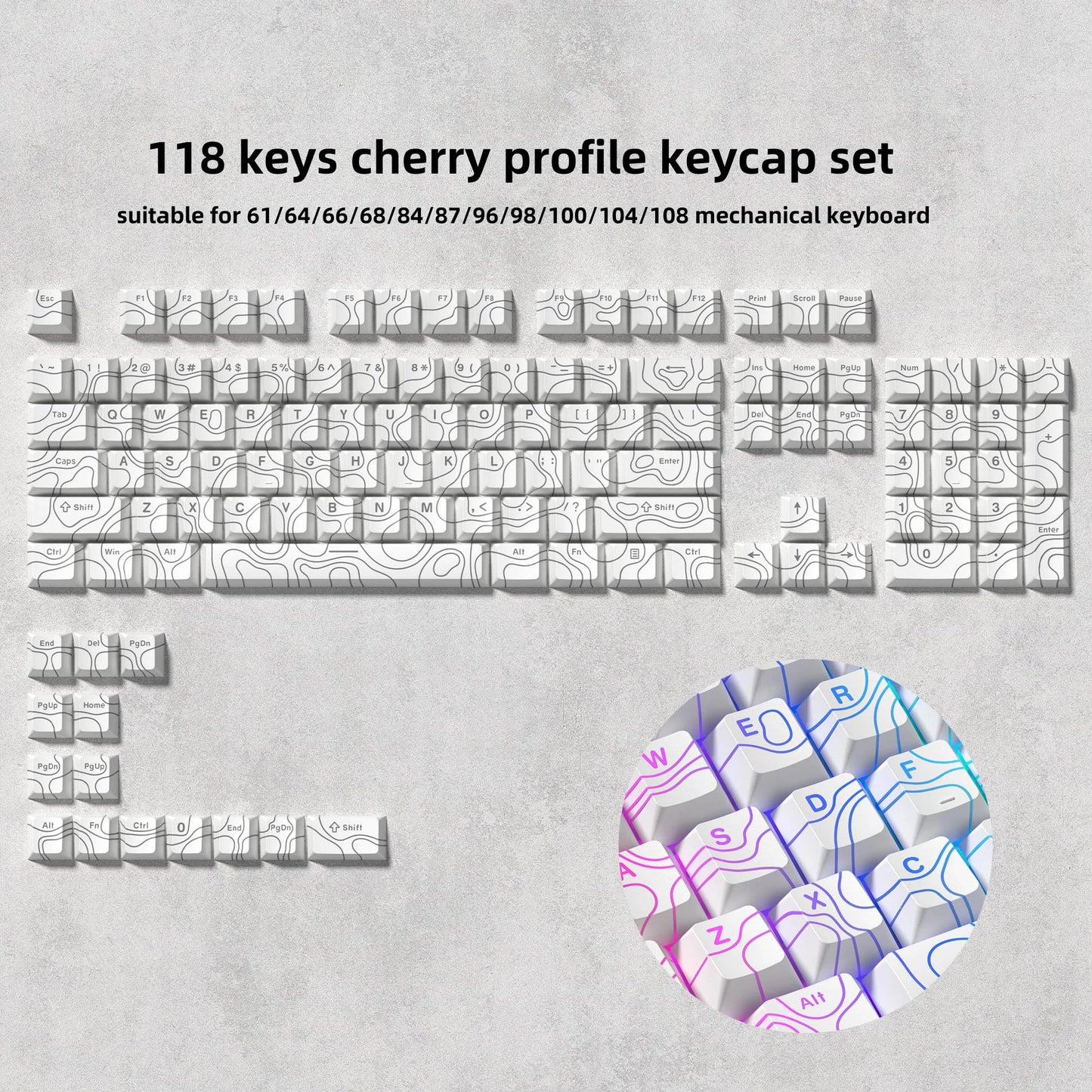 136-Key Black Side-Lit Backlit Keycaps for MX Switch Mechanical Keyboard