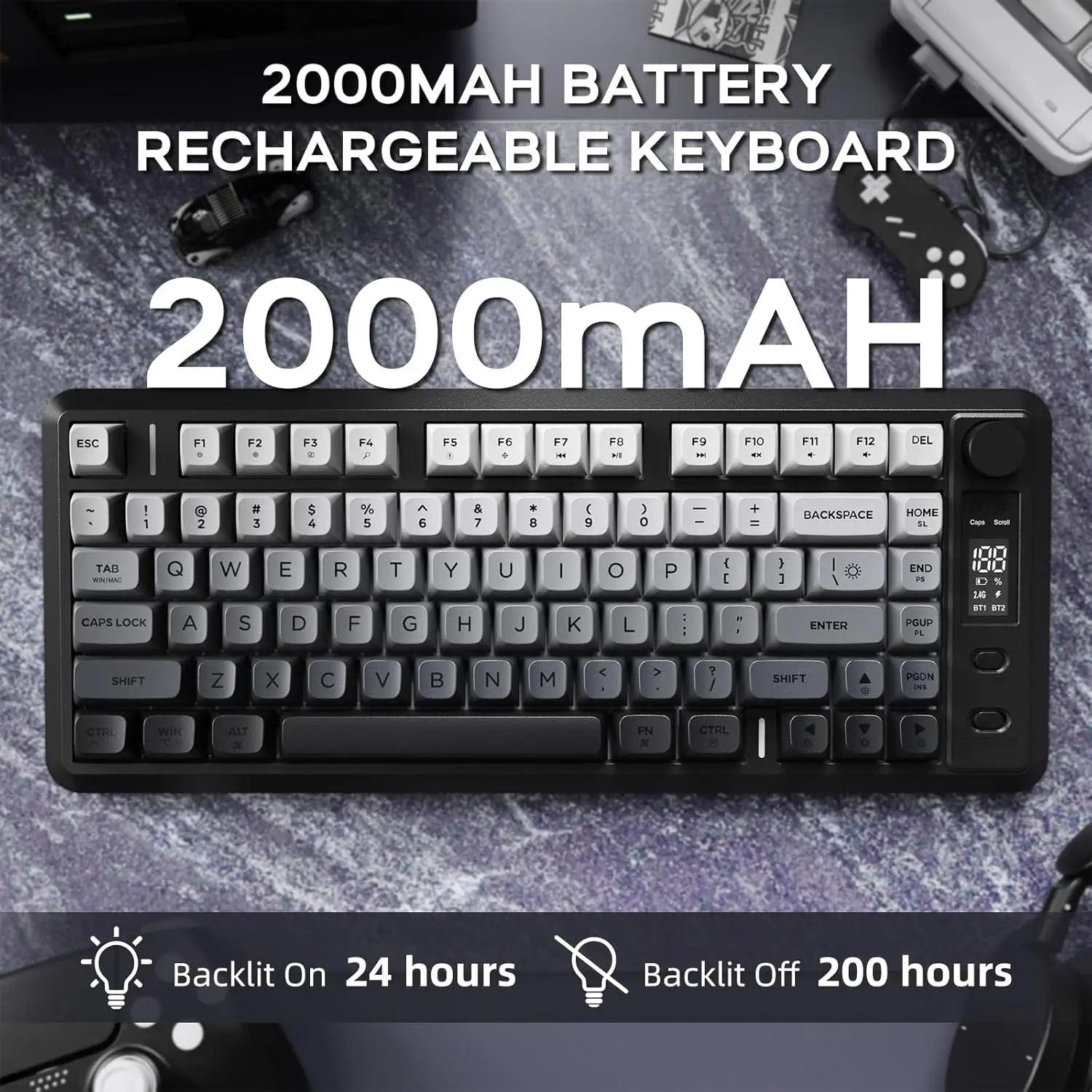 Rechargeable keyboard with 2000mAh battery, backlit, sleek design, ideal for gaming or office use.