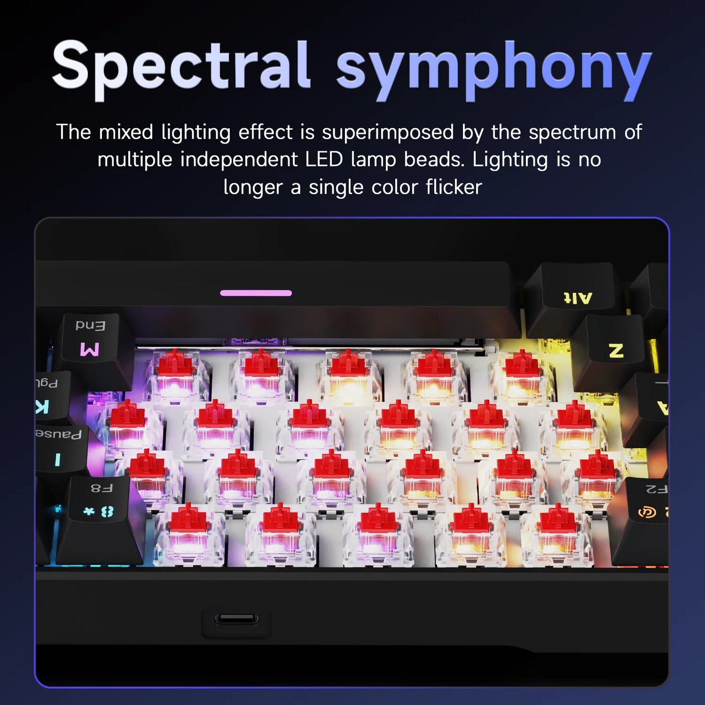 Mechanical keyboard with RGB lighting, transparent switches, and vibrant LED effects.