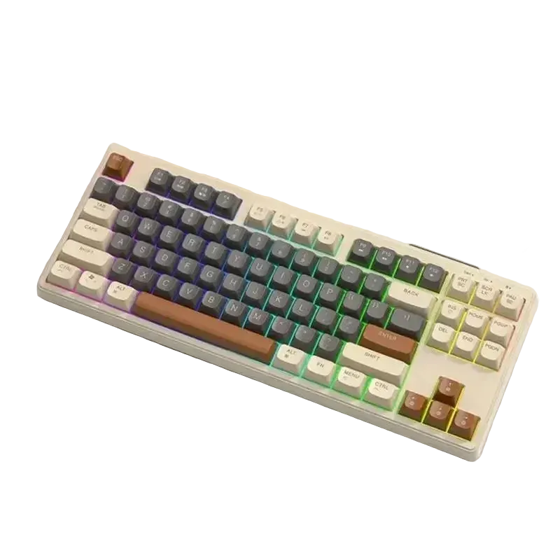Compact RGB mechanical keyboard with brown switches, customizable keys, and a sleek white design.