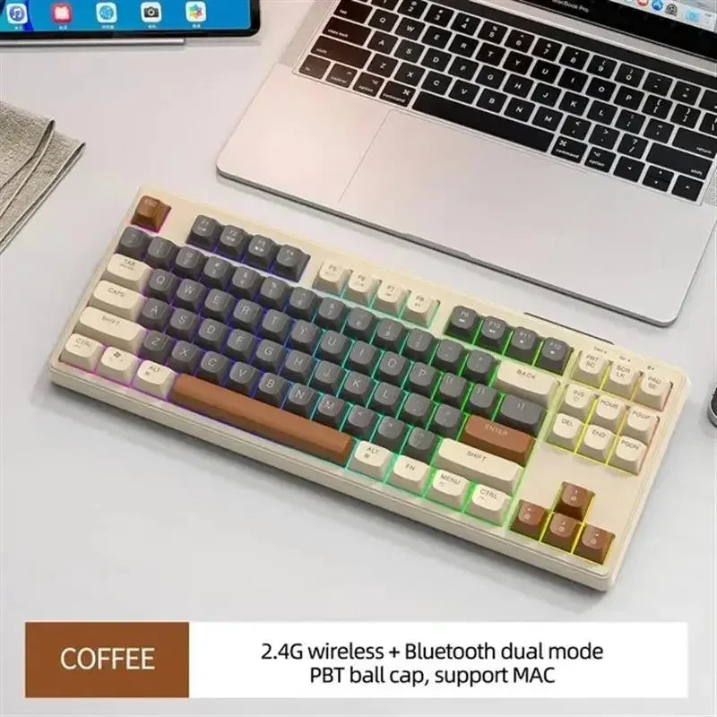 Coffee wireless keyboard with Bluetooth, PBT keycaps, RGB lighting, compatible with MAC.