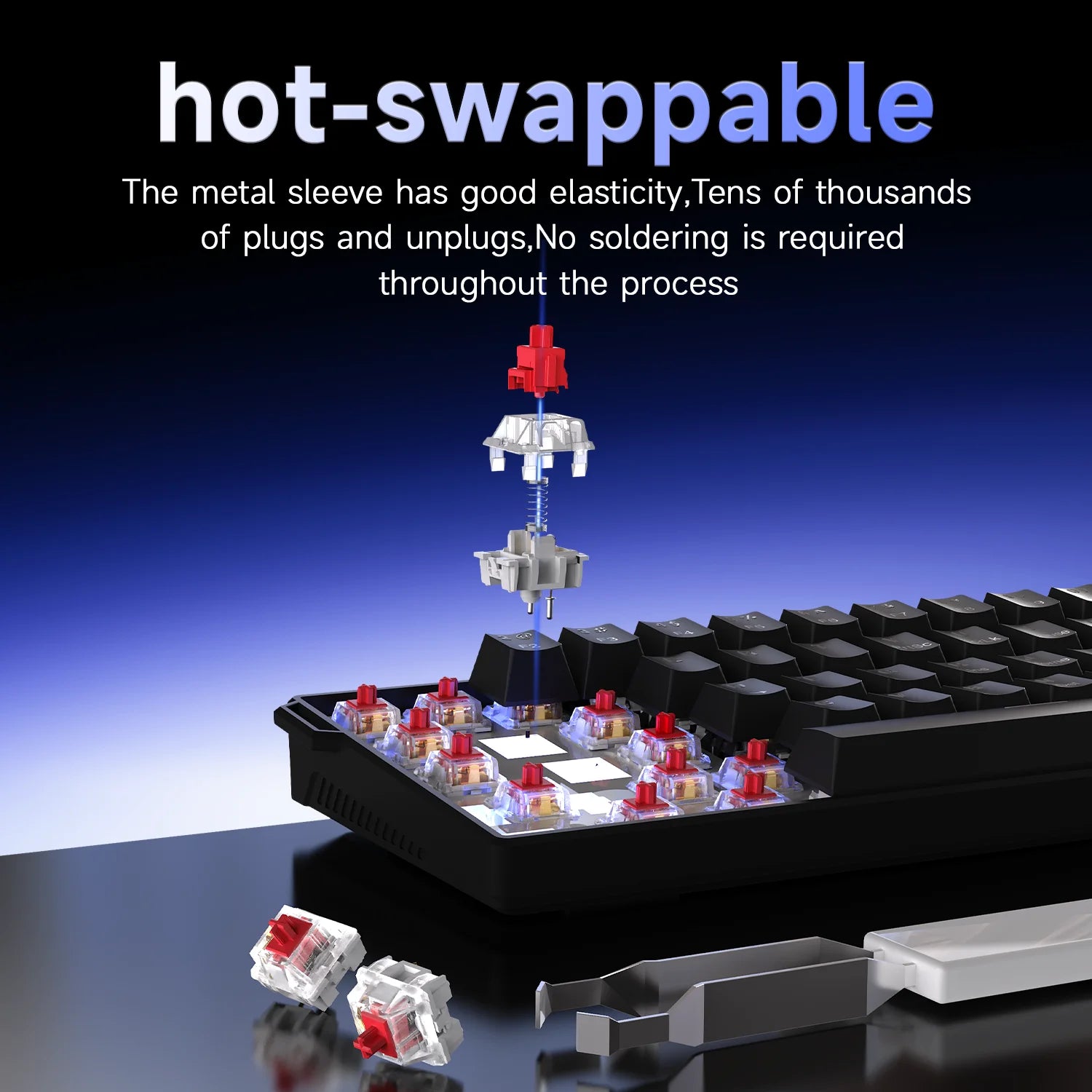 Hot-swappable mechanical keyboard with customizable switches, black design, and tool for easy key replacement.