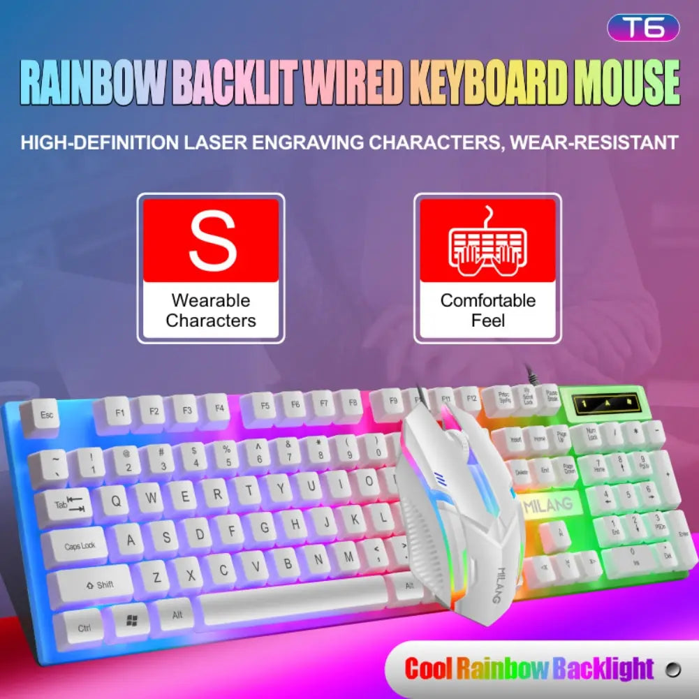 Rainbow backlit wired keyboard and mouse set, featuring laser-engraved characters and comfortable design.