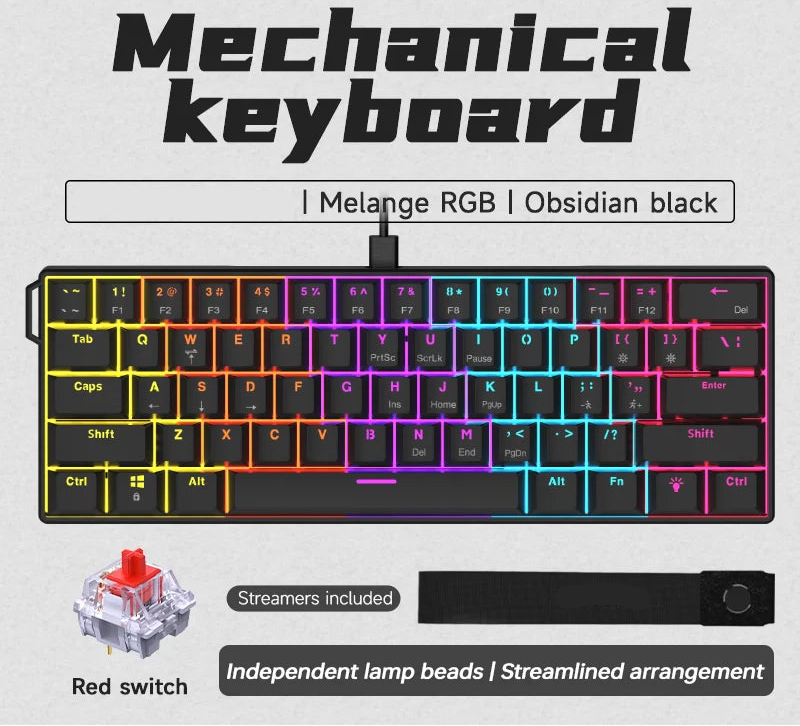 Obsidian black mechanical keyboard with Melange RGB, red switches, and included streamers.