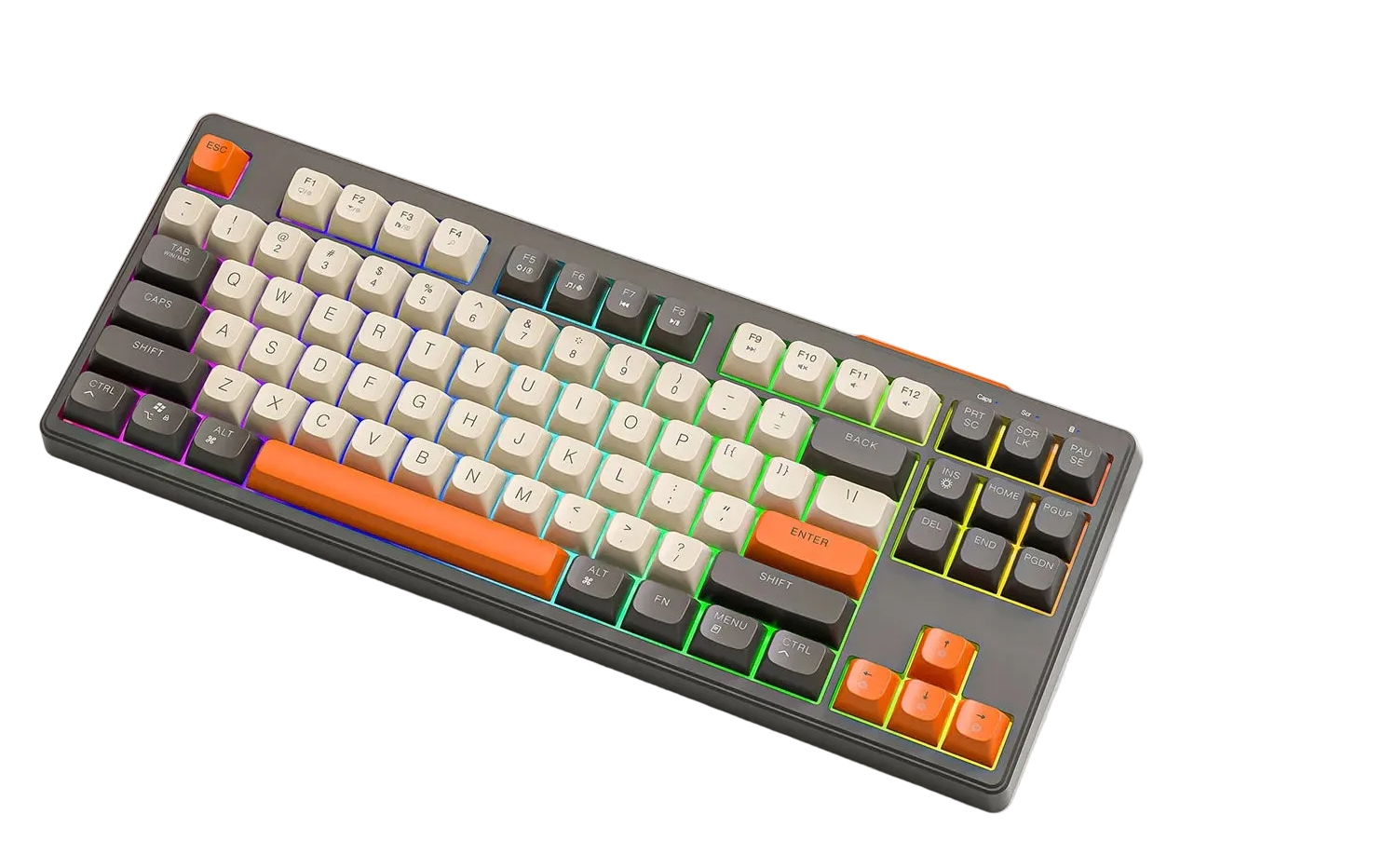 RGB mechanical keyboard with orange accents, customizable keys, and ergonomic design for gaming and typing.