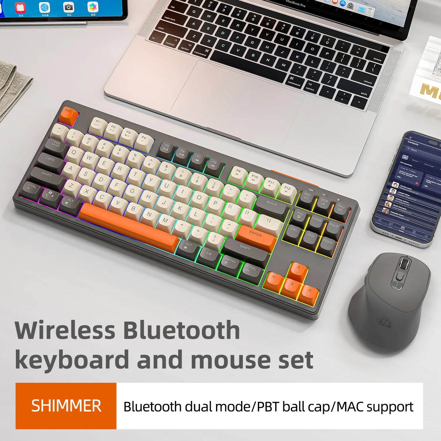 Wireless Bluetooth keyboard and mouse set in gray with PBT keycaps, dual mode, for Mac compatibility.