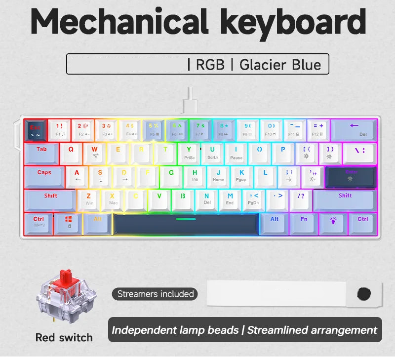 Mechanical keyboard with RGB lighting on a gray background.
