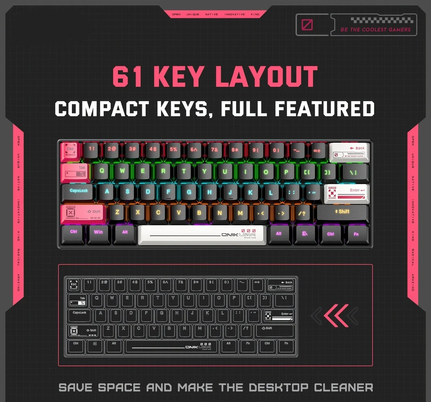 Mechanical Gaming Keyboard 61 Keys RGB Backlit Wired For PC And Laptop