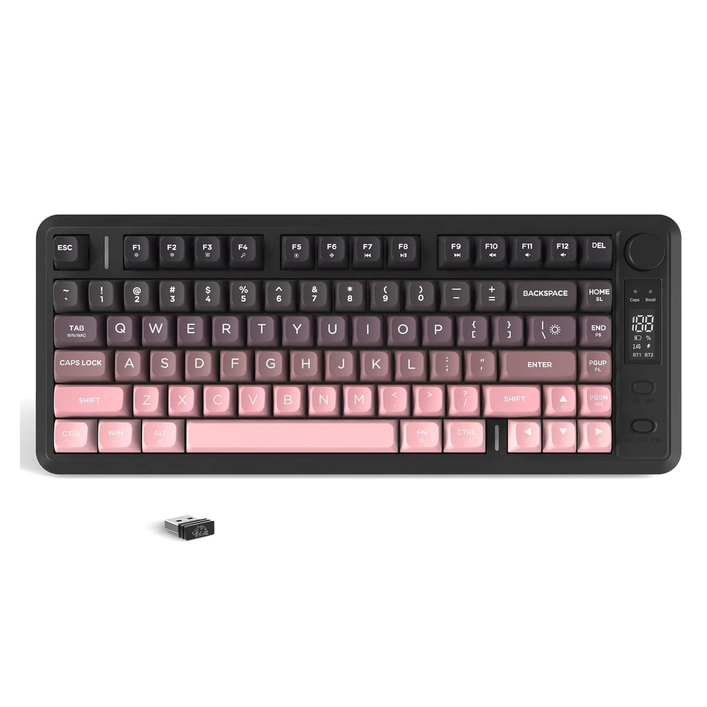 Wireless mechanical keyboard in black and pink, compact design with multicolor keycaps and USB receiver.