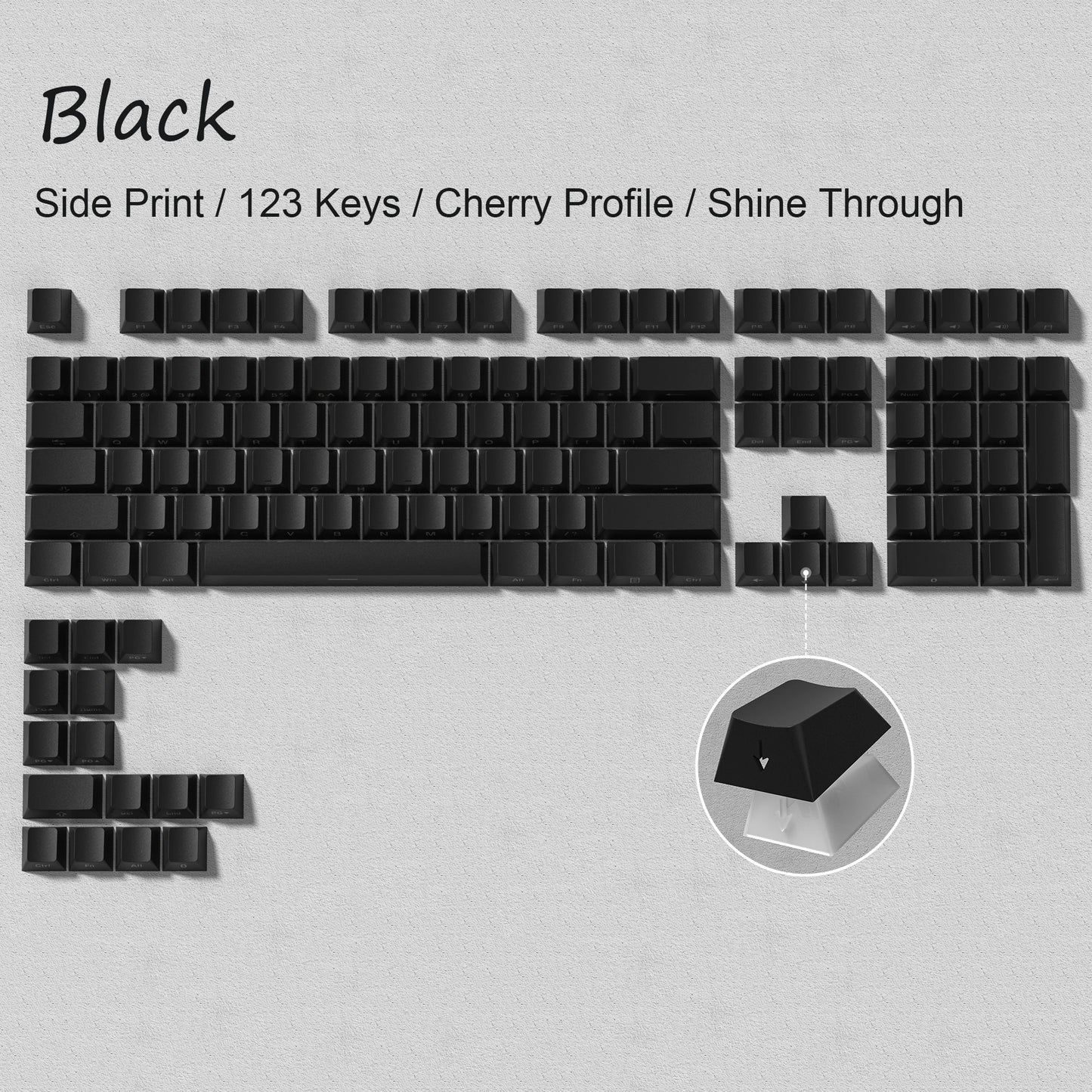136-Key Black Side-Lit Backlit Keycaps for MX Switch Mechanical Keyboard
