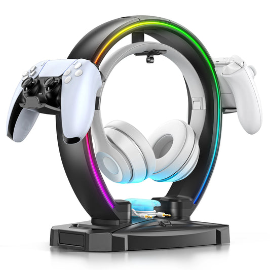 Headphone & Controller Stand with 9 Light Modes - Foldable Controller Hanger for Desk - Earphone Stand with Cable Organizer