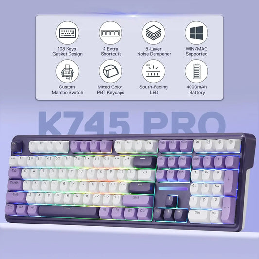 PRO Wireless Gasket RGB Keyboard with 108 Keys - Hot-Swap, South-Facing LED Socket, Charming Purple