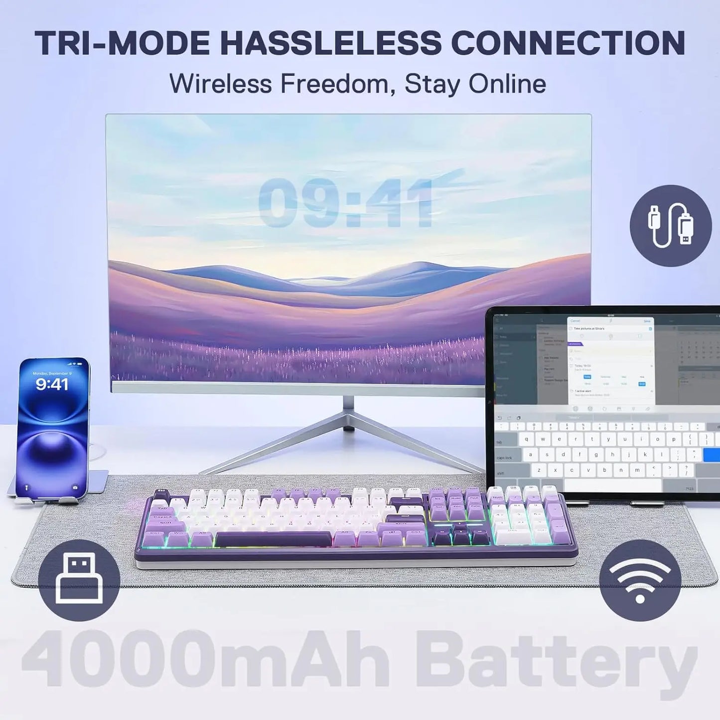 PRO Wireless Gasket RGB Keyboard with 108 Keys - Hot-Swap, South-Facing LED Socket, Charming Purple