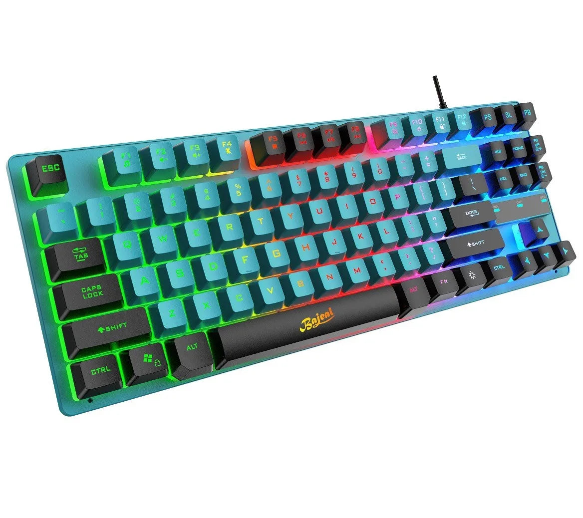 Rainbow RGB mechanical gaming keyboard with customizable lighting and durable plastic design.