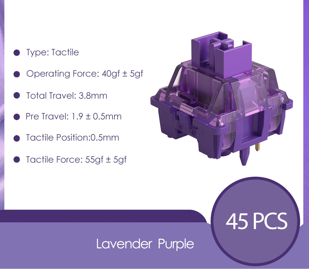 Lavender Purple 5 Pin 40gf Tactile Switches For MX Keyboard 45 Pack