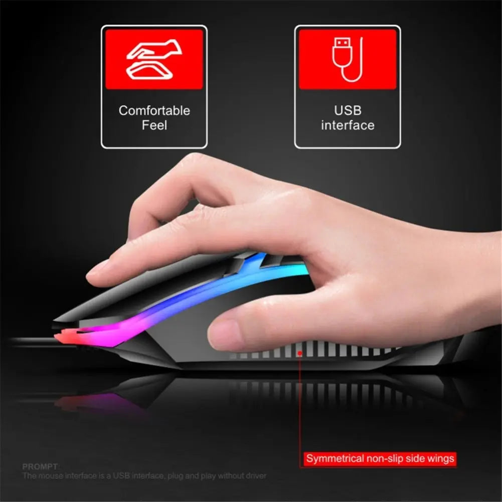 USB gaming mouse with RGB lights, ergonomic design, and non-slip side wings for comfort.