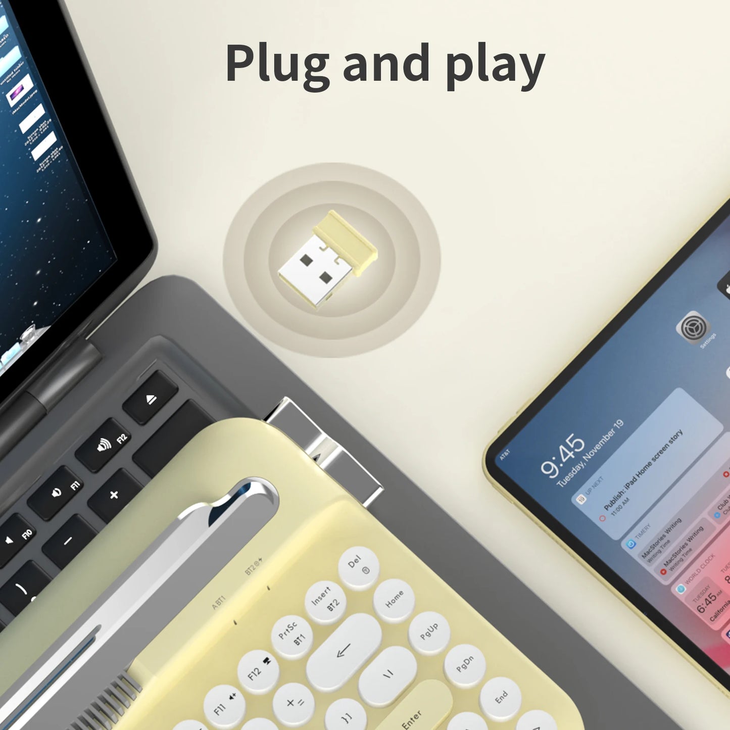 Wireless 2.4G Dual Mode Retro Keyboard With Fixed Groove Stand And Multi Device