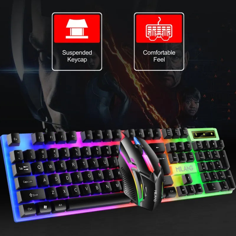 RGB gaming keyboard and mouse set with suspended keycaps for comfort and enhanced gameplay.