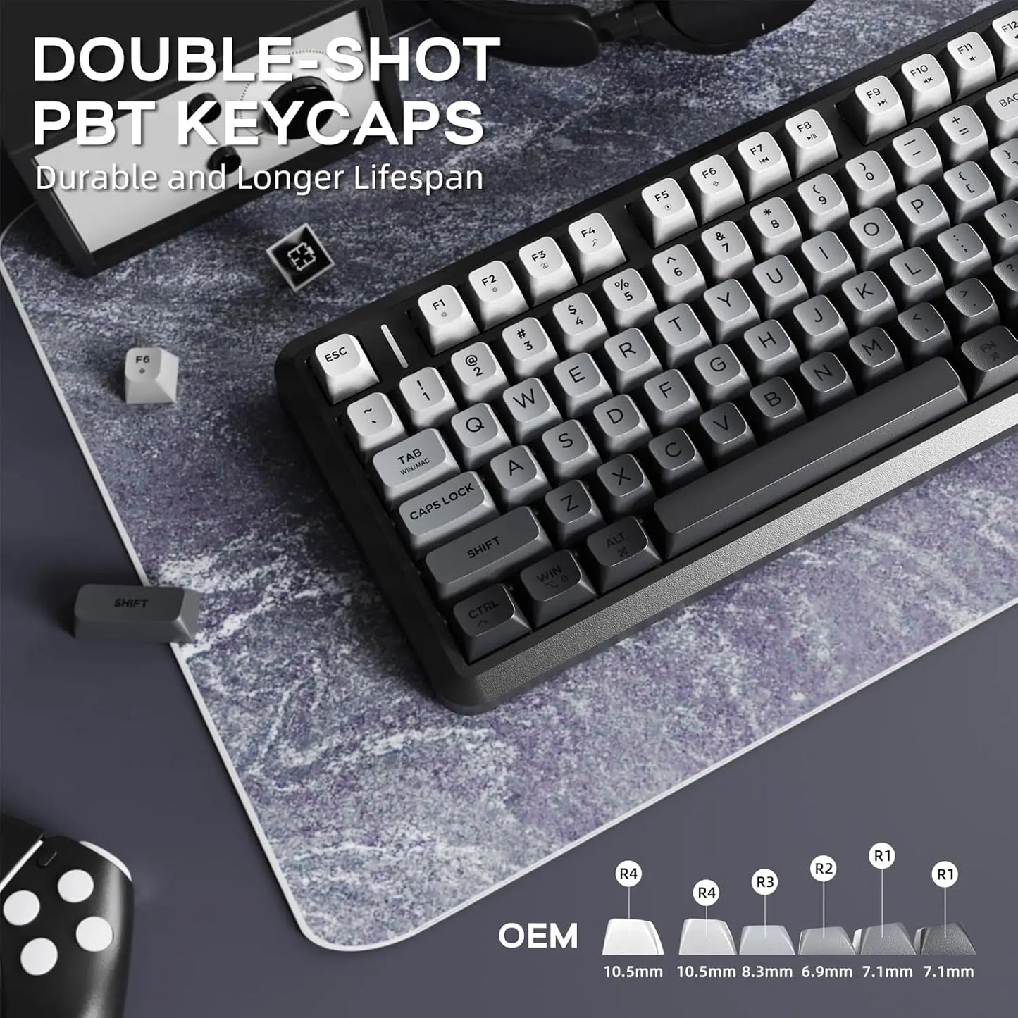 Double-shot PBT keycaps in gray and white for durable keyboards, featuring OEM profiles and enhanced lifespan.