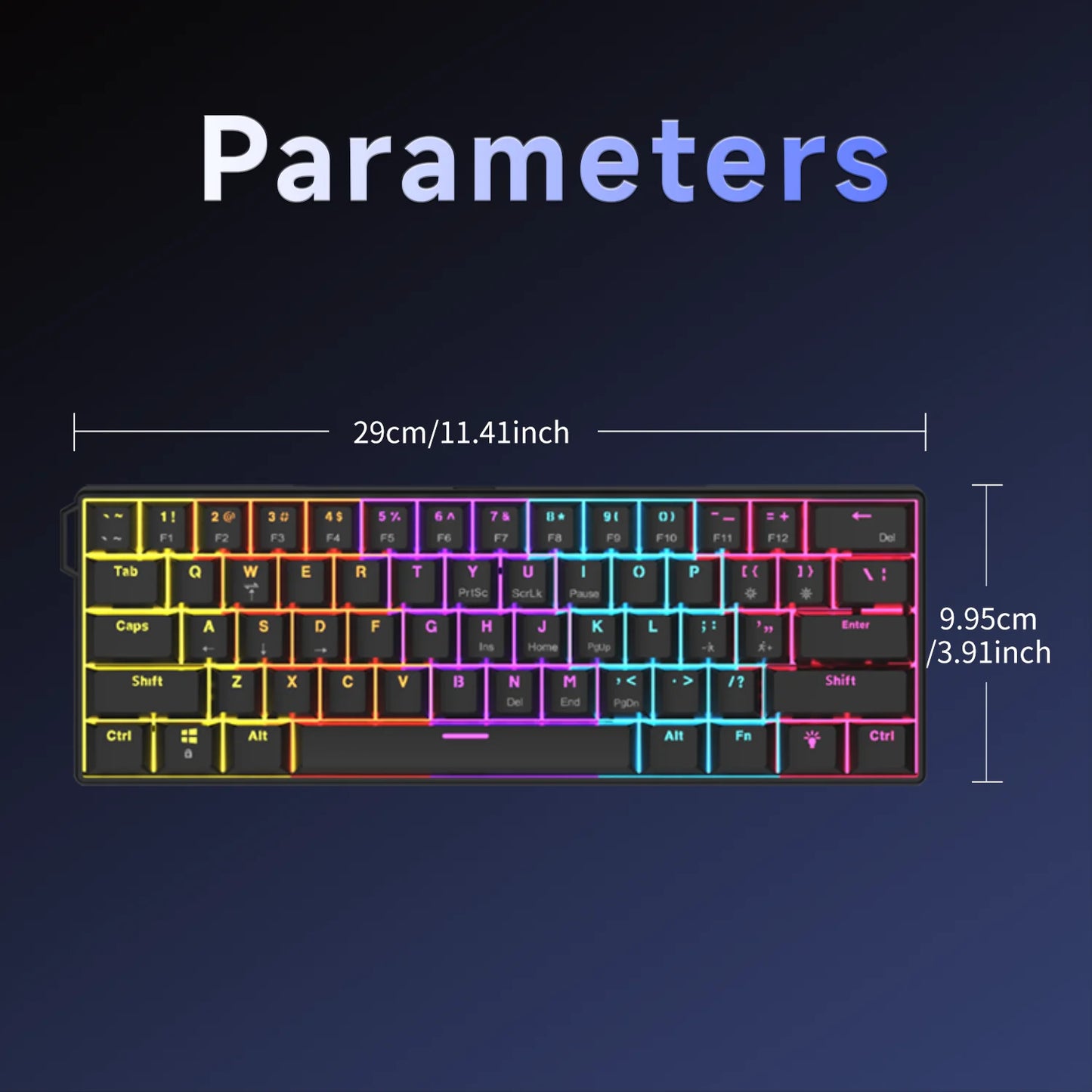 Colorful backlit mechanical keyboard, 29cm, compact design, perfect for gaming and typing.