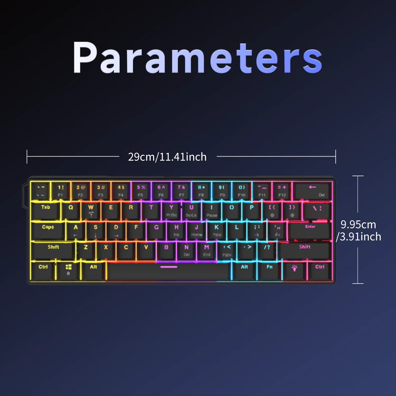 Colorful backlit mechanical keyboard, 29cm, compact design, perfect for gaming and typing.