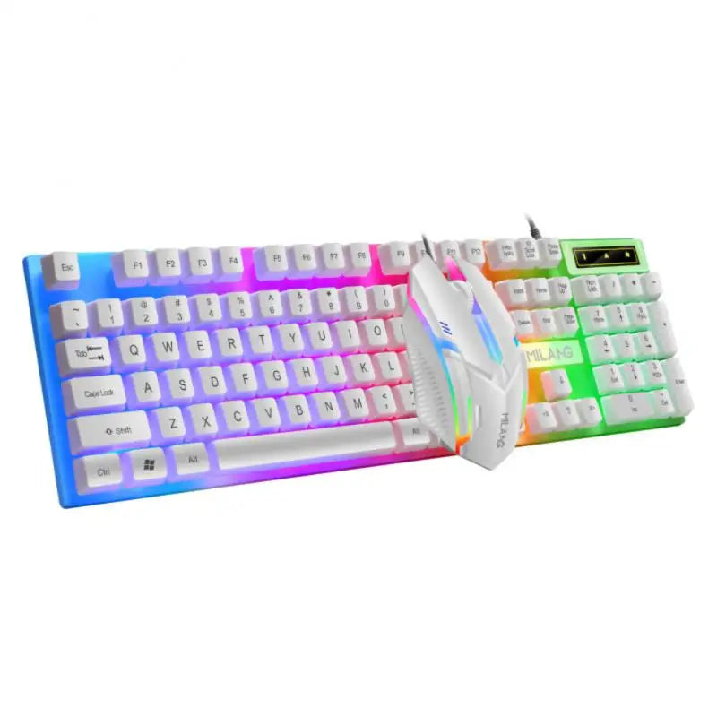 RGB gaming keyboard and mouse set in white, featuring colorful backlighting and sleek design for enhanced gaming.