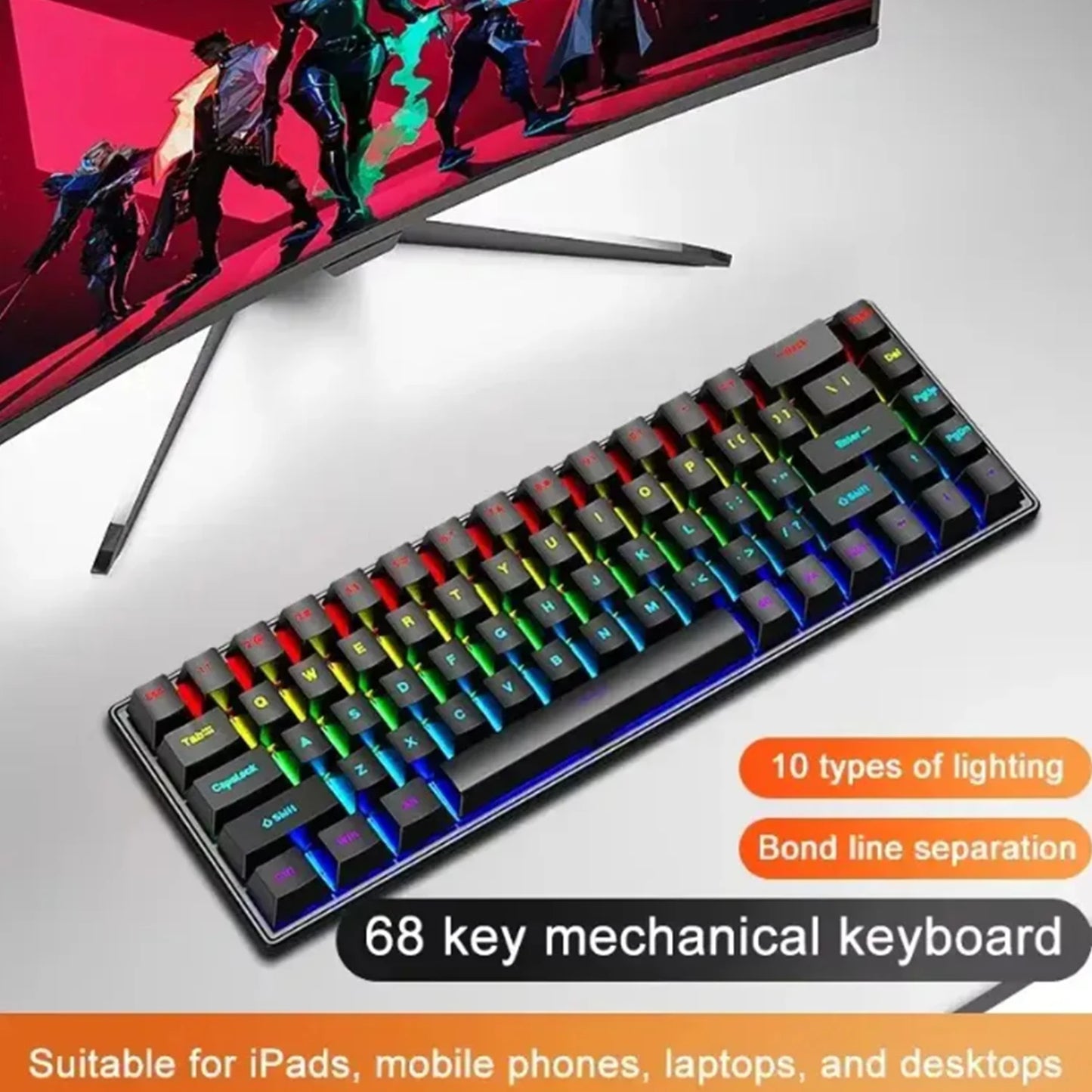 65% Mechanical Keyboard With RGB Backlighting Compact 68 Keys Wired