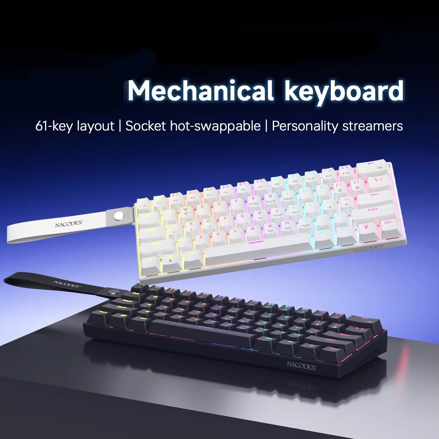 NACODEX mechanical keyboard, 61-key layout, hot-swappable sockets, RGB lighting in white and black.