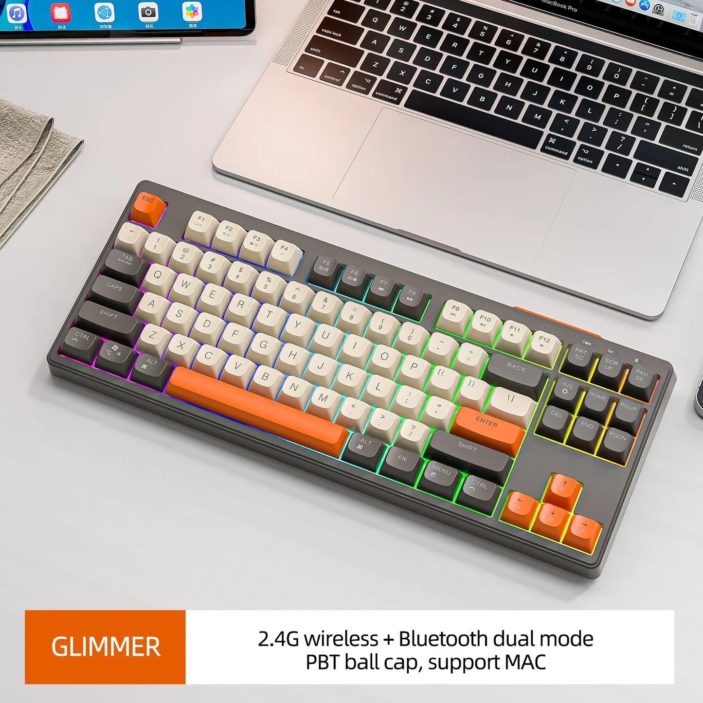 Glimmer wireless keyboard with PBT ball caps, dual mode (2.4G + Bluetooth), supports MAC, colorful design.