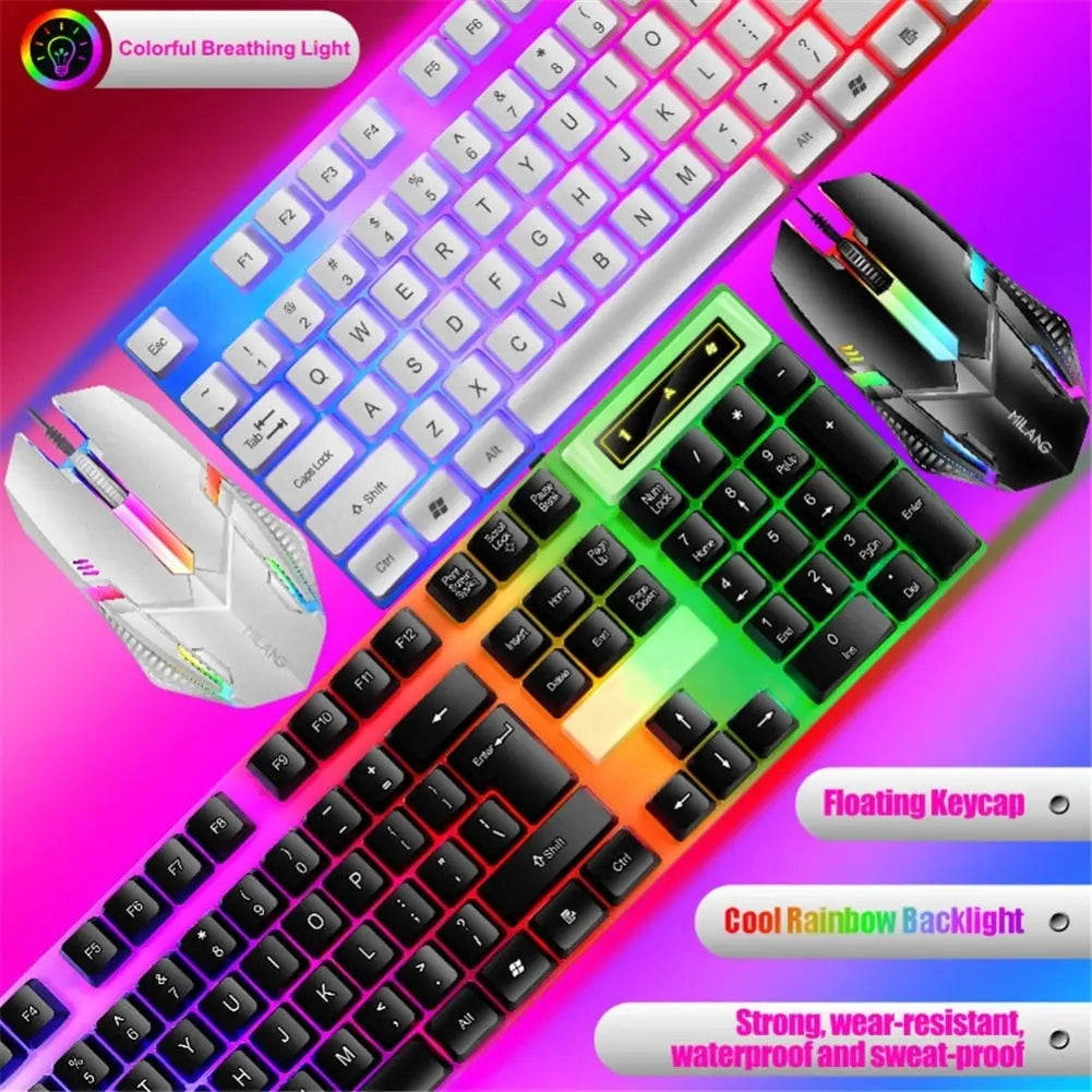 RGB gaming keyboard and mouse set with floating keycaps, waterproof, and stylish rainbow backlight.