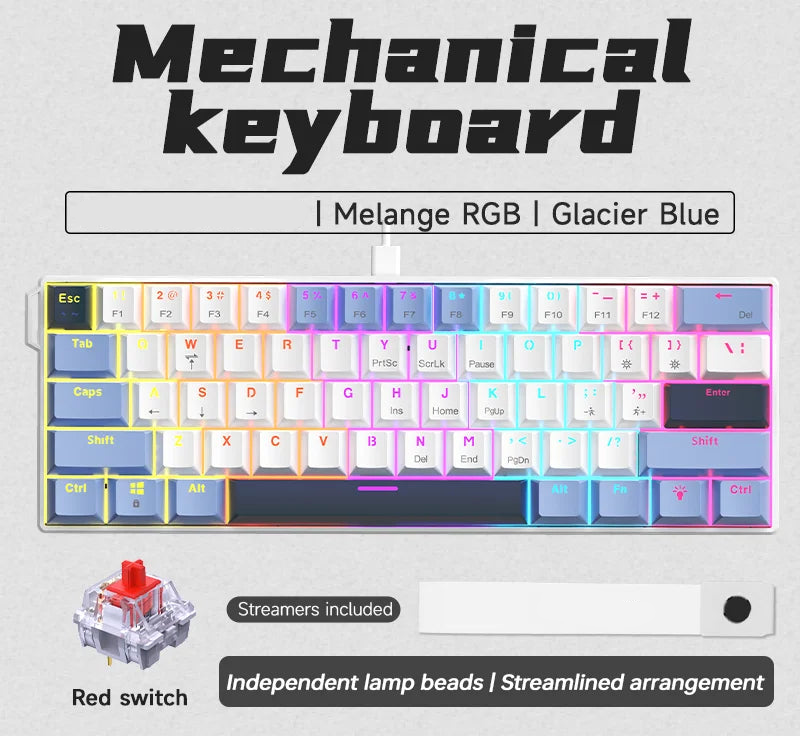 Glacier blue mechanical keyboard with Melange RGB, red switches, and independent lamp beads. Compact design.