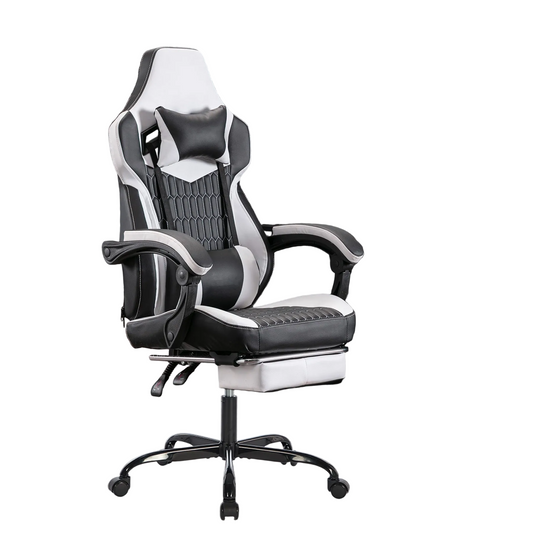 Gaming Chair With Footrest High Back PVC Leather Ergonomic Lumbar Support Racing Style Black White