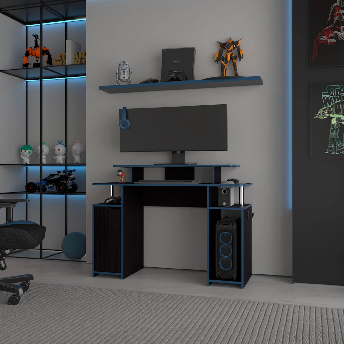 Blue Accents Minimalist Gaming Desk With Elevated Monitor Shelf And Blue Edge