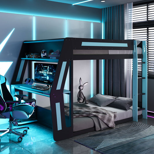 Cloud Blue Full Size Gaming Bunk Bed With RGB Desk USB Ports LED Strip