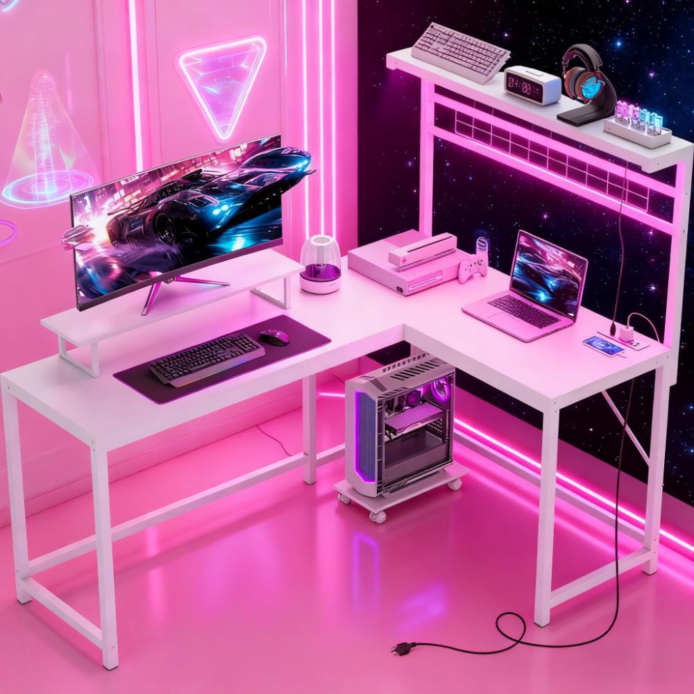 L Shaped Gaming Desk With Power Outlets LED Lights Monitor Stand And CPU Shelf