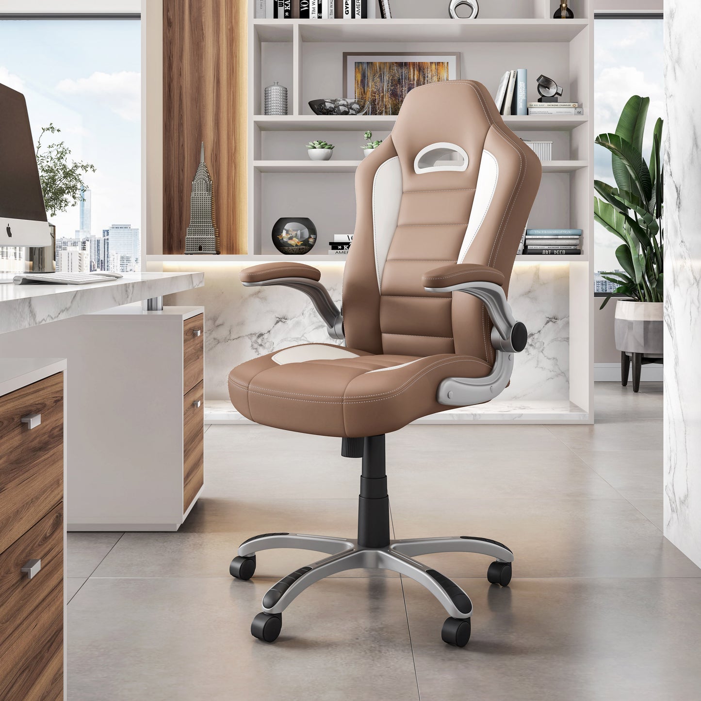 High Back Executive Sport Race Office Chair with Flip-Up Arms, Tan