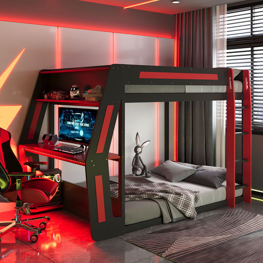 Full Size Gaming Bunk Bed With Side Mounted RGB Desk And USB Ports Red