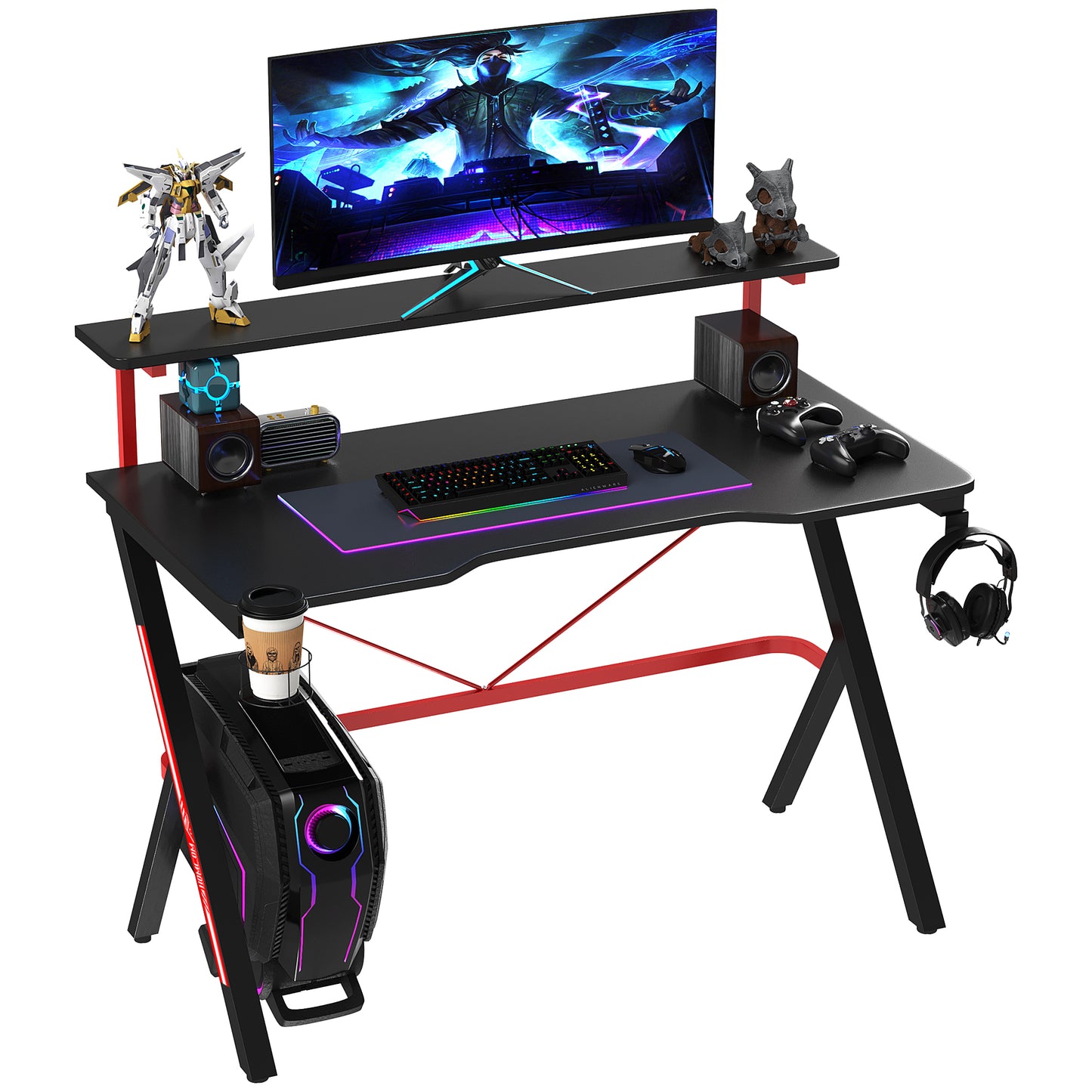47 Inch Gaming Desk With Rotating Cup Holder And Headphone Hook For Home Office