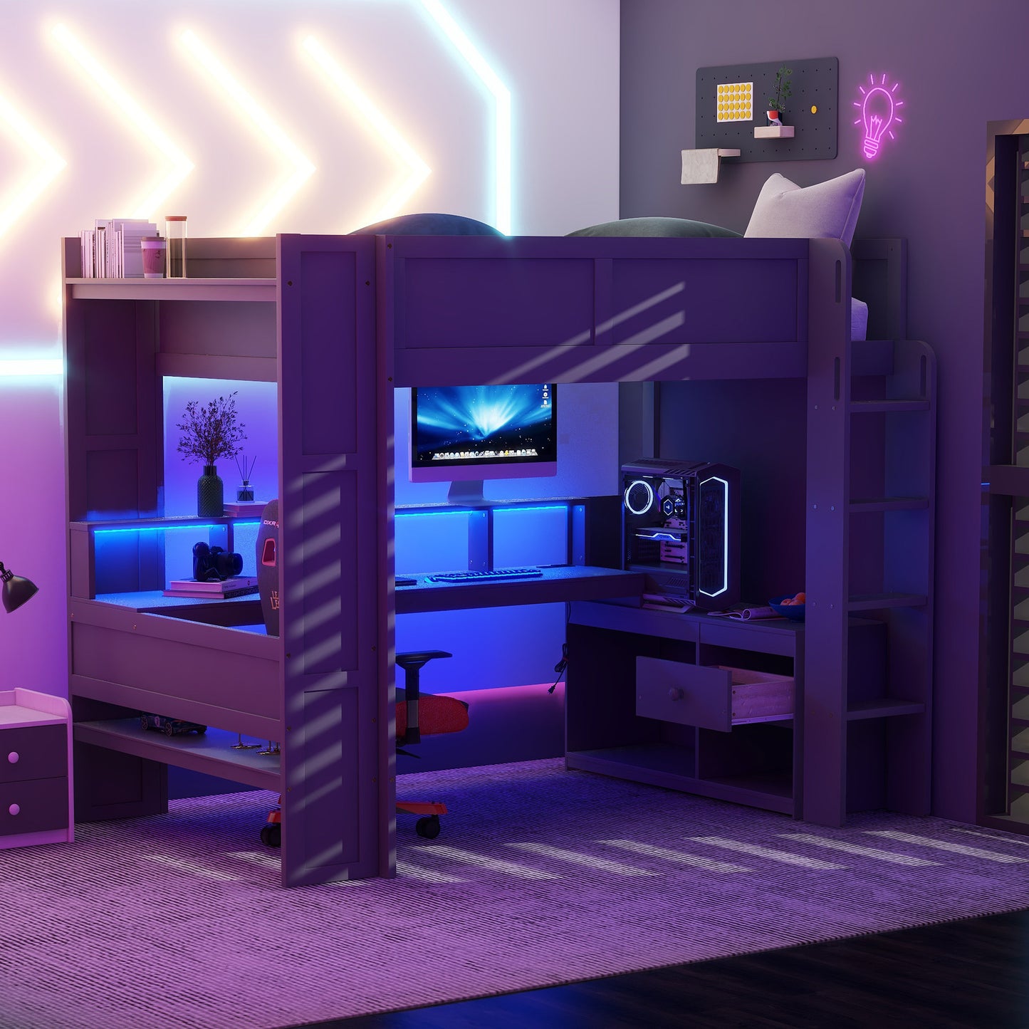Wood Full Size Gaming Loft Bed With Desk And Shelves LED Charging Dark Gray