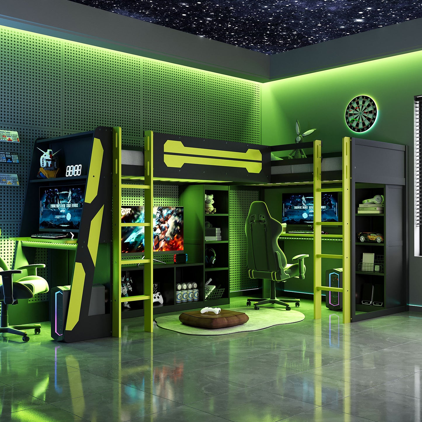 Green L Shaped Dual Twin Bed Frame With RGB LED Lights USB Ports Storage Shelves