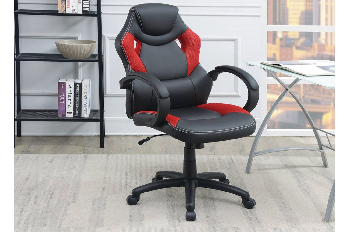 Black And Red Upholstered Office Chair Cushioned Comfort For Gaming And Work