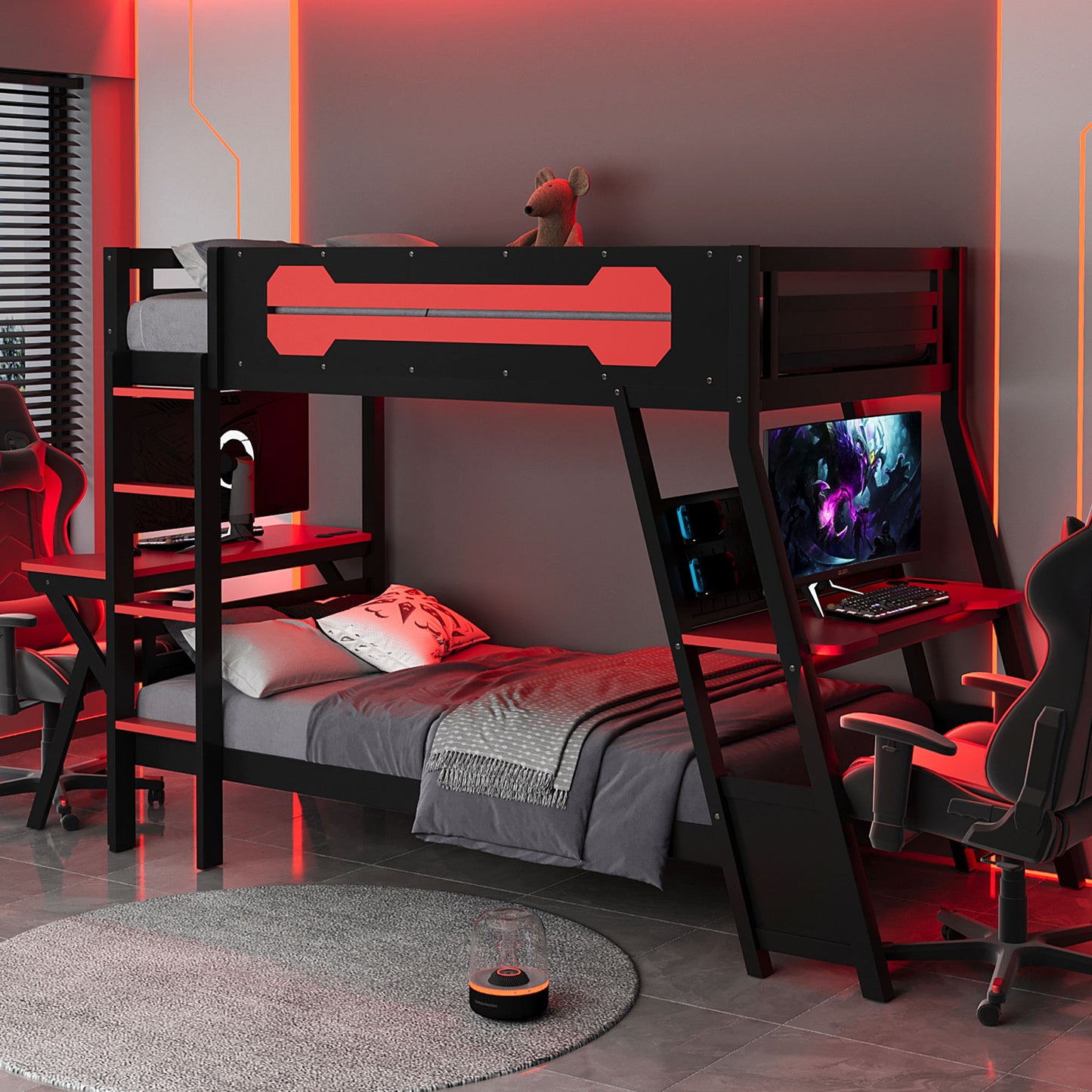Twin Size Bunk Bed With Built In Gaming Desks USB Ports Pegboard Organizer Red