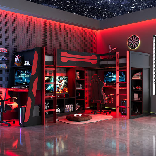 L-Shaped Wooden Twin Size Gaming Bed Frame With RGB LED Lights USB Ports