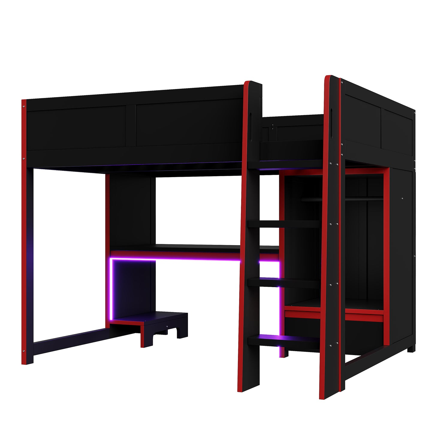 Black Wood Gaming Loft Bed With Built In Desk Wardrobe LED Lighting Drawer